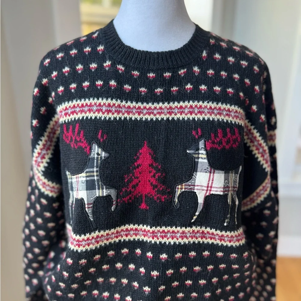 Vintage Susan Bristol Black Reindeer Plaid Wool Christmas Sweater Sz 38 Medium - Picture 2 of 11